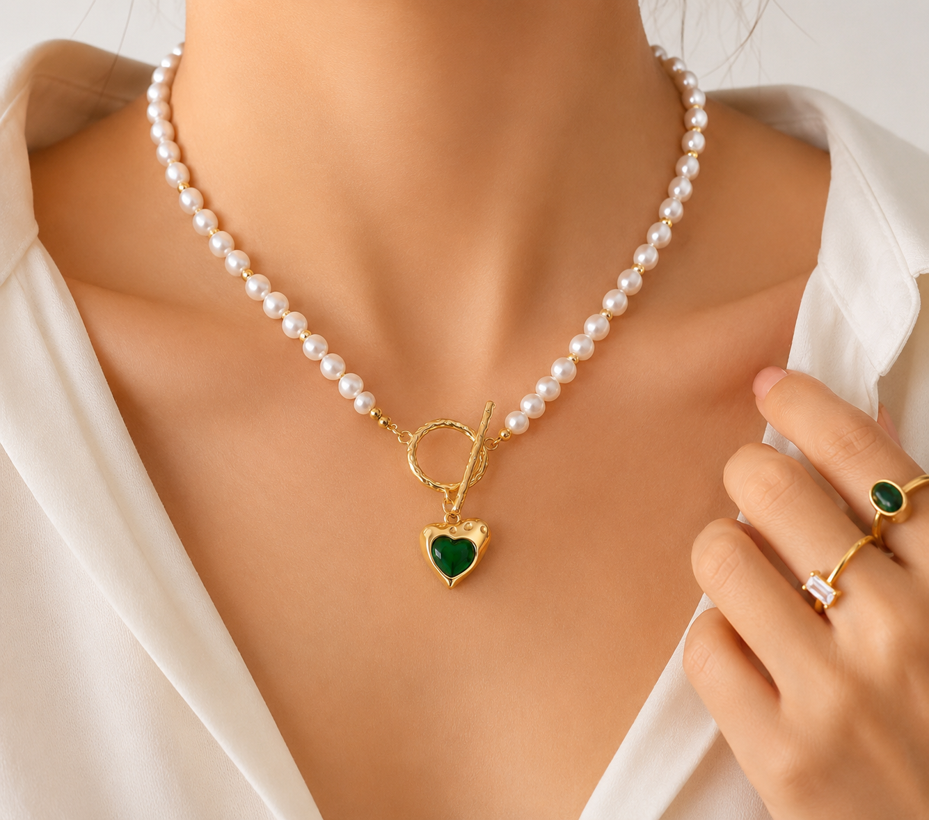 Green Heart Pearl Necklace - Image 2